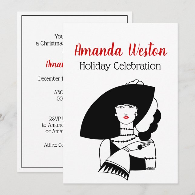 Art Deco Woman In Big Hat Gloves RL Christmas Xmas Invitation (Front/Back)