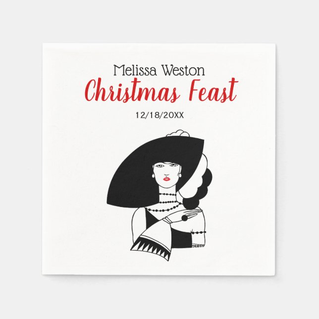 Art Deco Woman In Big Hat Gloves RL Christmas Xmas Napkins (Front)