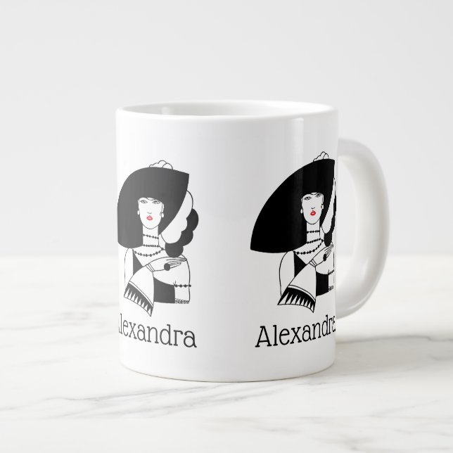 Art Deco Woman In Big Hat Gloves RL Giant Coffee Mug (Front Right)