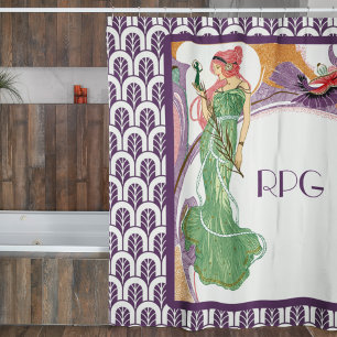 Art Deco Woman In Green With Monogram Shower Curtain