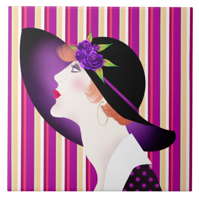 Art Deco Woman in Large Hat Tile (Front)