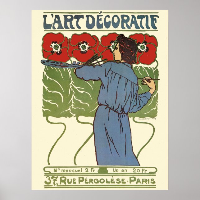Art Deco Woman Painting Poppies Poster (Front)