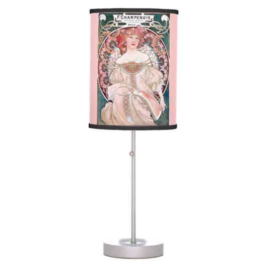 Art Deco woman Paris pink dress Mucha Table Lamp (Front)