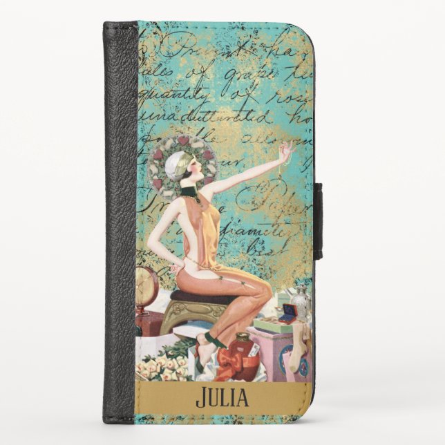 Art Deco Woman Personalized iPhone Wallet Case (Front)