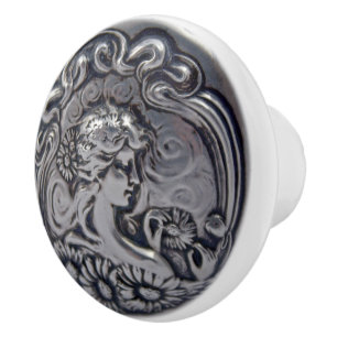 Art Deco Woman Picking Flower Silver Ceramic Knob
