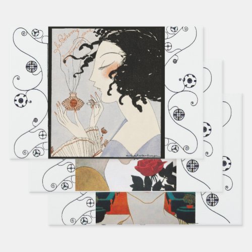 ART DECO WOMAN PORTRAITS Perfume Beauty Fashion Wrapping Paper Sheets