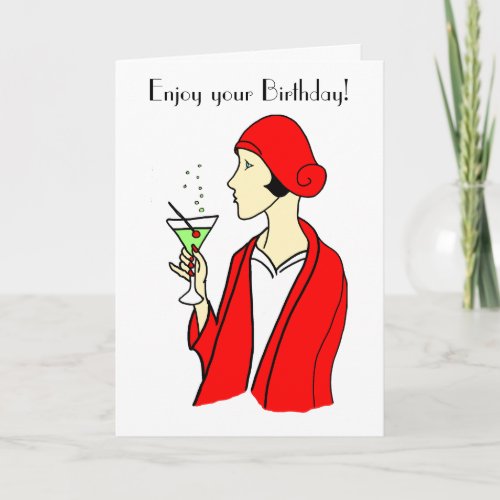 Art Deco Woman Red Hat Birthday Card