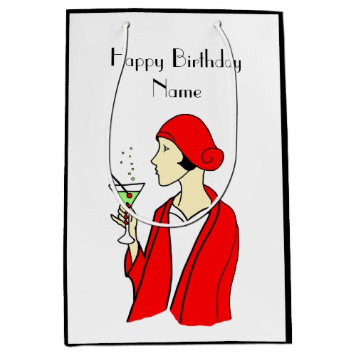 Art Deco Woman Red Hat Birthday Card Medium Gift Bag