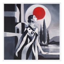 Art Deco Woman & Red Moon Modern Photo Tile