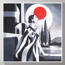 Art Deco Woman & Red Moon Modern Photo Tile