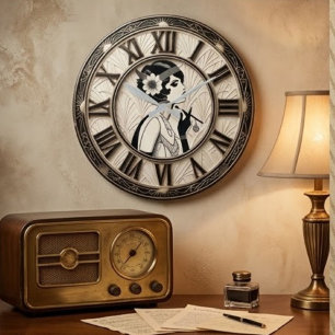 Art Deco Woman Vintage Flapper Black White Large Clock