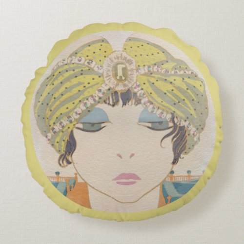 Art Deco Woman Vintage Watercolor Personalized Round Pillow