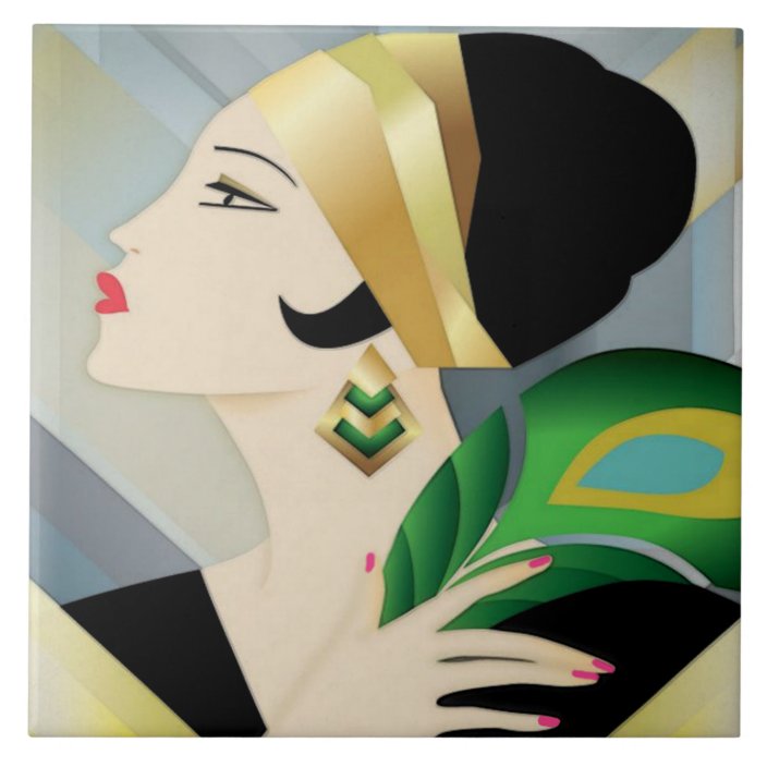 Art Deco Woman With Peacock Feather Tile | Zazzle