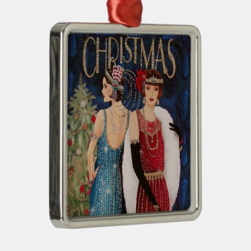 Art Deco Women Dressed in 40s Attire Christmas Metal Ornament