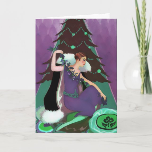 Art Deco Xmas, Pascaline in Purple, Teal and Brown Holiday Card (Front)