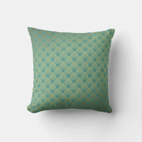Art Deco Yacht Club Mint Green Golden Seashells Throw Pillow