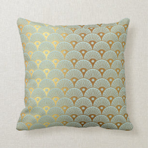 Art Deco Yacht Club Mint Green Golden Seashells Throw Pillow