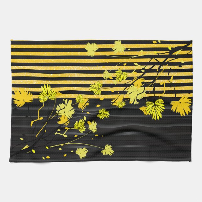 Art Deco Yellow and Black Floral Kitchen Towel (Horizontal)
