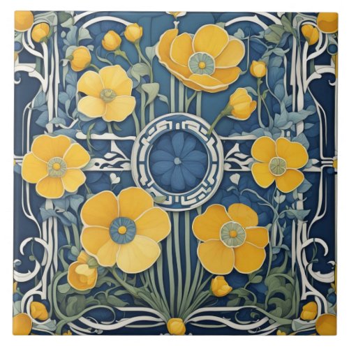 Art Deco Yellow Flowers Art Nouveau Blue Floral Ceramic Tile