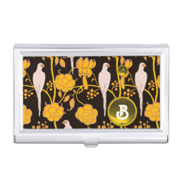 ART DECO YELLOW FLOWERS,WHITE PARROTS ON BLACK BUSINESS CARD HOLDER