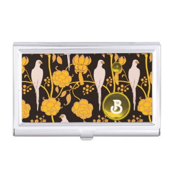 Art Deco Yellow Flowers White Parrots On Black Business Card Holder by bulgan_lumini at Zazzle