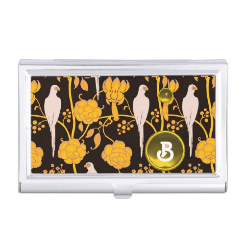 ART DECO YELLOW FLOWERSWHITE PARROTS ON BLACK BUSINESS CARD HOLDER