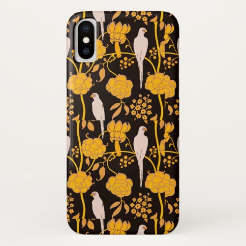 ART DECO YELLOW FLOWERSWHITE PARROTS ON BLACK iPhone X CASE