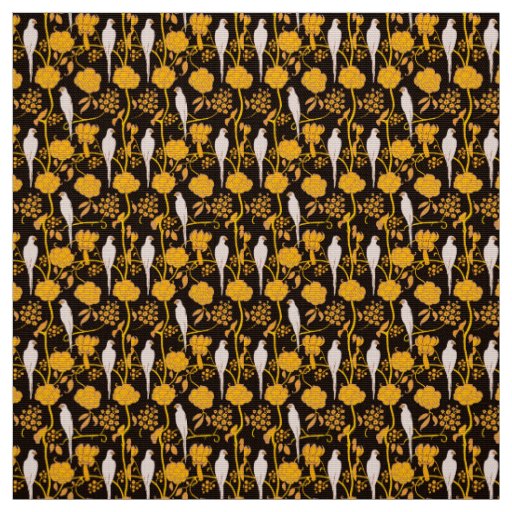 ART DECO YELLOW FLOWERS,WHITE PARROTS ON BLACK FABRIC
