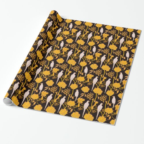 ART DECO YELLOW FLOWERSWHITE PARROTS ON BLACK WRAPPING PAPER