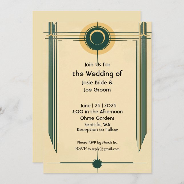 Art deco yellow green wedding invitation (Front/Back)