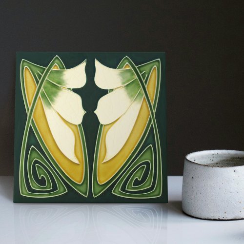 Art Deco Yellow Lily Floral Wall Decor Art Nouveau Ceramic Tile