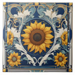 Art Deco Yellow Sunflowers Art Nouveau Blue Ceramic Tile<br><div class="desc">art nouveau antique tiles, ornate vintage flower pattern, ceramic tiles tile art, dark cobalt navy blue, pretty classic traditional art, gold decorative flowery summer, spring blooms blooming botanical, stylish japanese asian style, blue and yellow chinese flowers, sunflower art deco sunflowers</div>