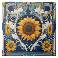 Art Deco Yellow Sunflowers Art Nouveau Blue