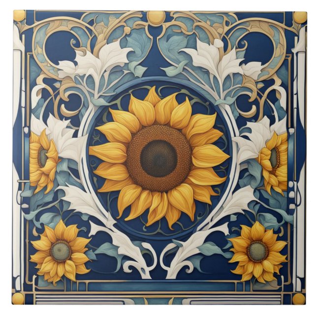 Art Deco Yellow Sunflowers Art Nouveau Blue Ceramic Tile (Front)