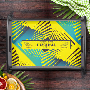 Art Deco Yellow Teal Family Name Welcome Home Serving Tray
