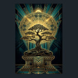 Art Deco Zen Bonsai Tree Mandala Gold Teal Poster<br><div class="desc">A masterpiece of spiritual elegance and Art Deco symmetry. This stunning illustration features a black bonsai tree silhouette in a meditative "lotus" formation, rising from an intricate tiered pedestal. Behind the tree, a glowing golden mandala and celestial sunburst radiate against a deep teal geometric background. Perfectly blending mindfulness with 1920s...</div>