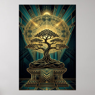 Art Deco Zen Bonsai Tree Mandala Gold Teal Poster