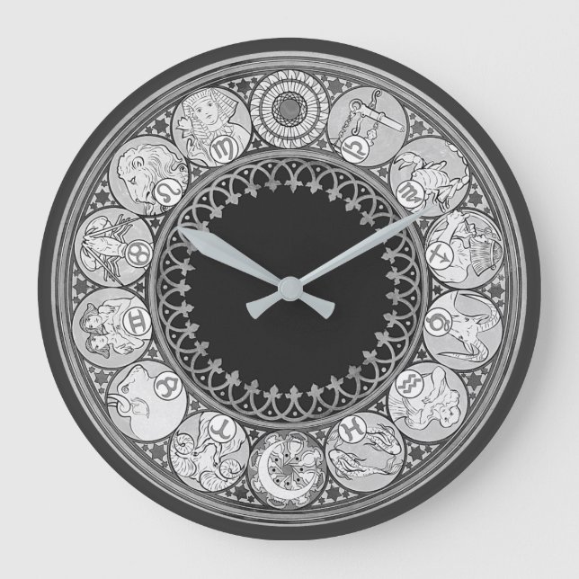Art Deco Zodiac Signs | Silver Gray Large Clock (Front)
