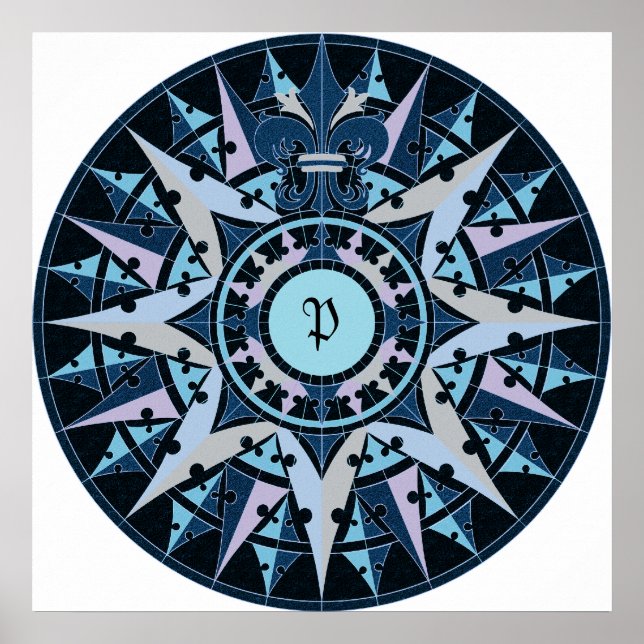 Art drawing, antique compass rose, add monogram poster (Front)