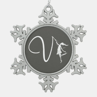 Art Fairy Initial: V Snowflake Pewter Christmas Ornament