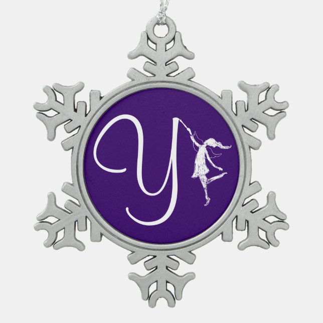 Art Fairy Initial: Y Snowflake Pewter Christmas Ornament (Front)