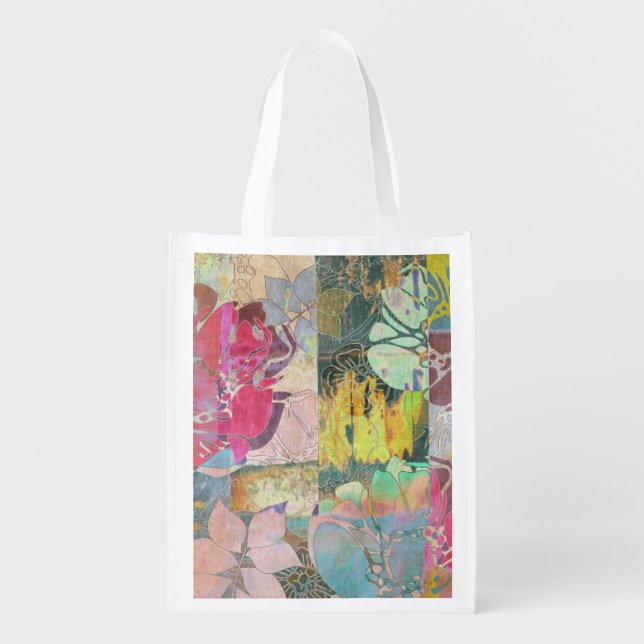 Art floral grunge pattern reusable grocery bag (Front)