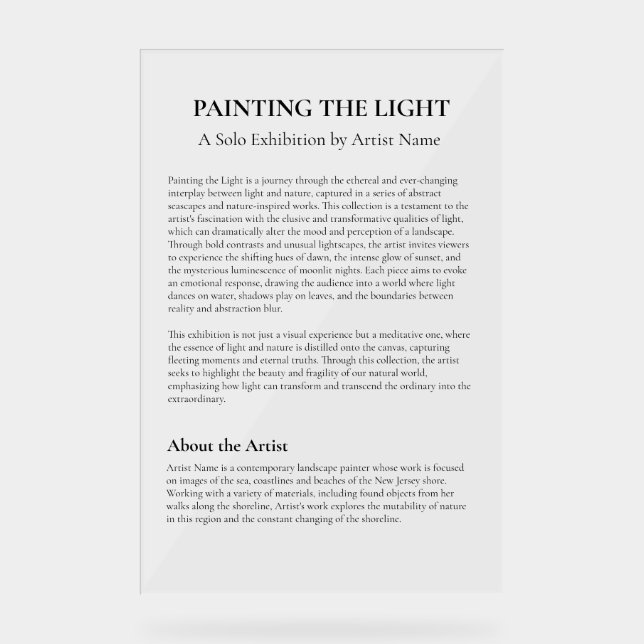 Art Gallery Exhibit Artist Statement Plaque Acrylic Sign (Front)