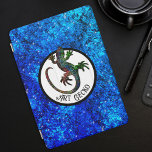 Art Gecko  iPad Pro Cover<br><div class="desc">Art Gecko
This phone case is decorated with a beautiful sparkling multicolor gecko silhouette in a circle. The background is a glitter blue pattern reminding water.
The funny text saying “Art Gecko” is a reference to “Art Deco”,  you can customize it as you want.</div>