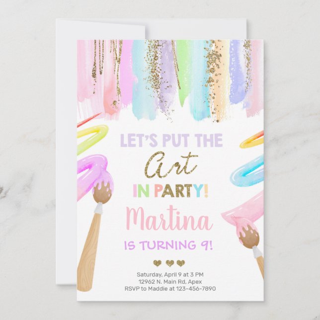 Art girl birthday invitation, art party invite. in invitation (Front)