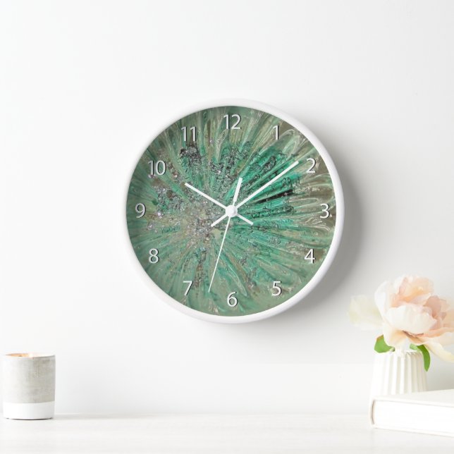 Art Glass Rich Jewel Teal Ice Glitter Aqua Green Clock (Home)