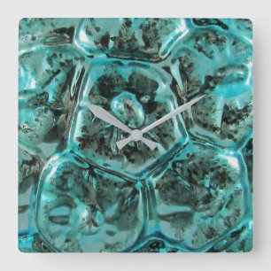 Art Glass Teal Blue Jewel Ocean Metallic Green Square Wall Clock