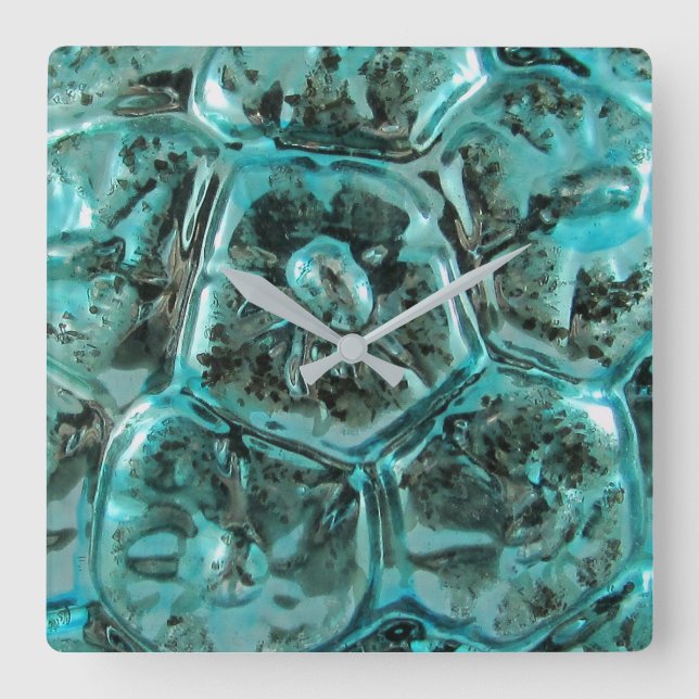 Art Glass Teal Blue Jewel Ocean Metallic Green Square Wall Clock (Front)