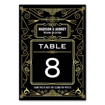 Art Gold Black Gatsby 1920s Deco Wedding Reception Table Number by BCVintageLove at Zazzle