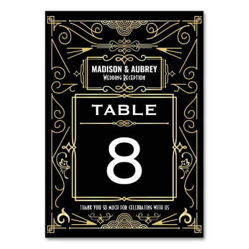 Art Gold Black Gatsby 1920s Deco Wedding Reception Table Number